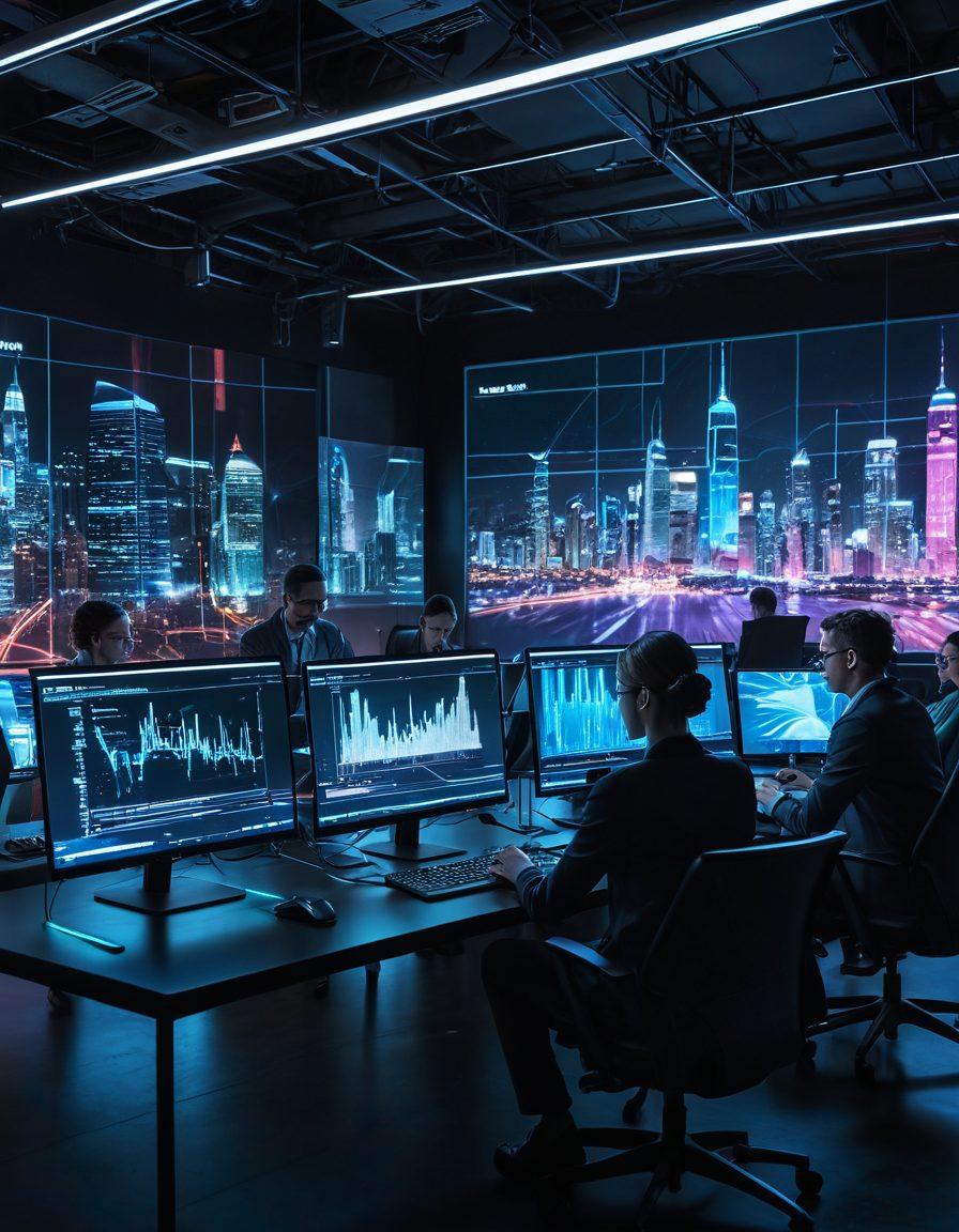 A mesmerizing digital landscape featuring a diverse team of IT professionals collaborating over sleek, high-tech devices. Include an open laptop displaying complex code, holographic data projections, and an array of digital tools like smartphones and tablets. The background should embody a modern city skyline with vibrant neon lights symbolizing innovation. Emphasize a sense of teamwork and progress in a futuristic setting. super-realistic. vibrant colors. cyberpunk.