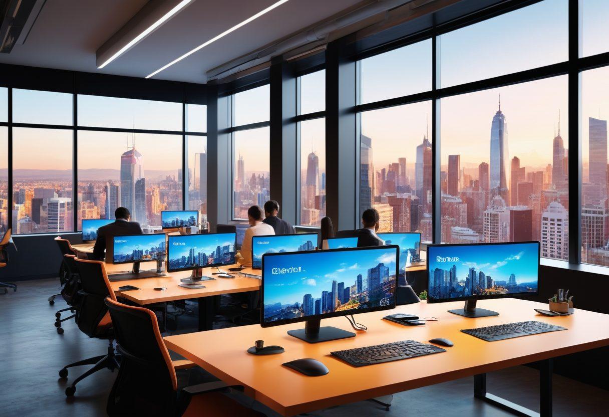 A modern office space filled with diverse professionals collaborating around technology, showcasing various tech tools like laptops, tablets, and digital screens displaying business solutions. The atmosphere conveys innovation and teamwork, with bright, uplifting colors and futuristic gadgets seamlessly integrated into the environment. The background features a large window showing a bustling cityscape, symbolizing growth and opportunities. super-realistic. vibrant colors. 3D.