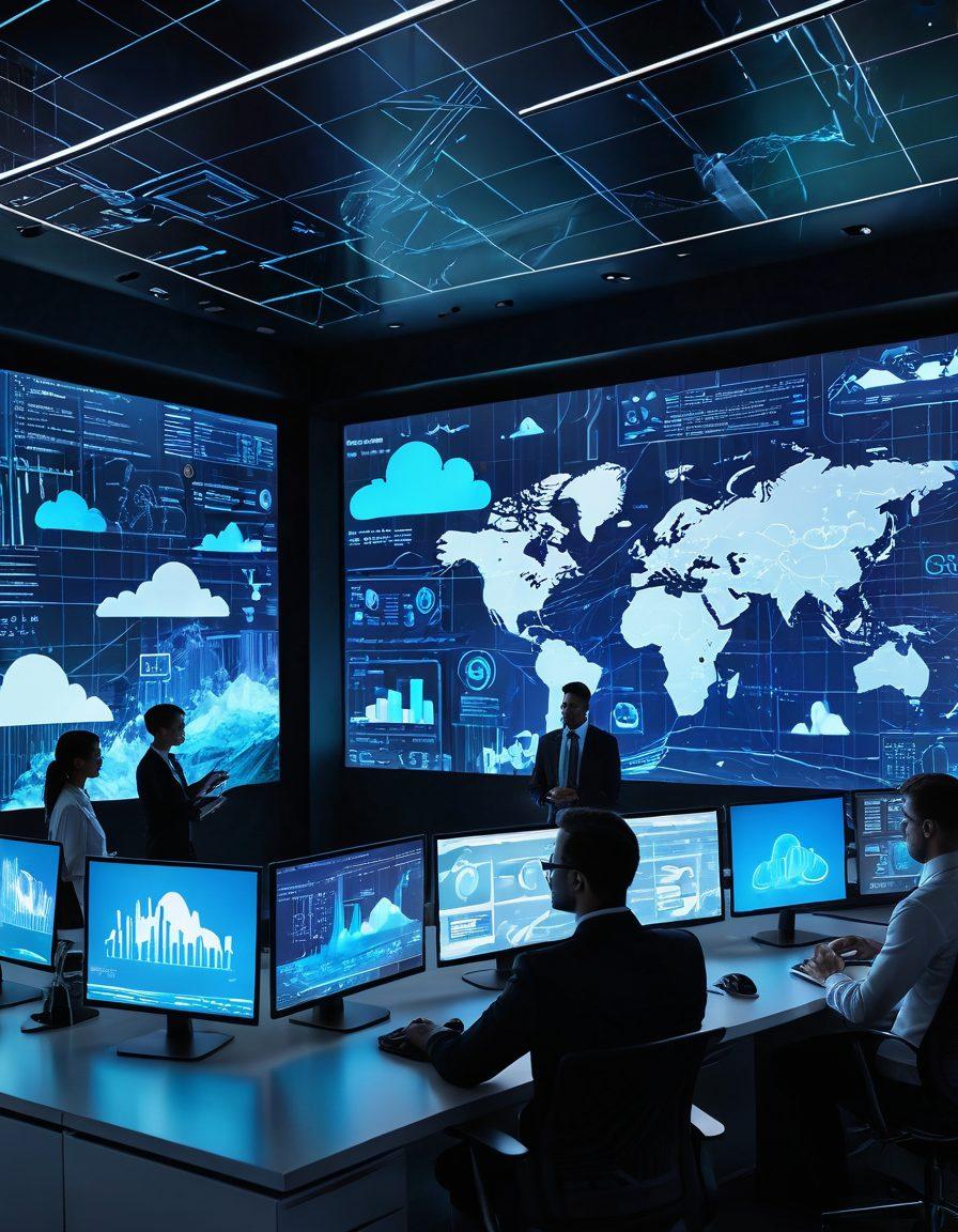 A futuristic office scene showcasing diverse professionals collaborating on software solutions and cloud services. Luminous holographic screens depicting data and technological blueprints surround them, symbolizing innovation and teamwork. The atmosphere is dynamic, with elements like digital clouds and flowing data streams in the background. Bright and engaging colors accentuate the modern technology theme. 3D. vibrant colors.